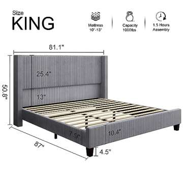 HOWE King Size Upholstered Platform Bed Frame, Wingback Bed with 50.8" Headboard, Corduroy/Solid Woo...