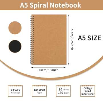 EOOUT 4 Pack Spiral Lined Notebook, Ruled Journals Notebooks, Soft Cover Notebook, 80 Sheets, 160 Pages,100 GSM,Lined Paper, 5 x 8 Inches, for Gifts, Office, School Supplies