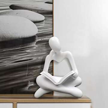 HAFKOIS Thinker Statue Reading Women Figurine Abstract Art Sculpture Home Decor Modern White Decor Accents White Thinker Figurines for Living Room Shelves Bookshelf Office Shelf Desktop Decor