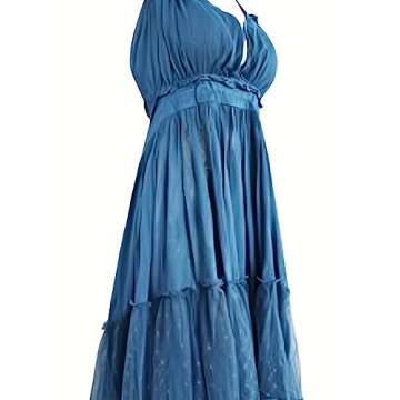 Deep V Neck Bohemian Mini Dress for Women in Blue