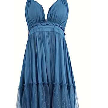 Deep V Neck Bohemian Mini Dress for Women in Blue