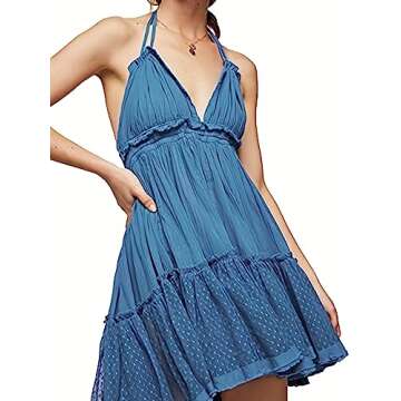 Deep V Neck Bohemian Mini Dress for Women in Blue