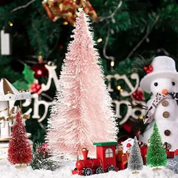 Jlong 8PCS Artificial Mini Christmas Trees, Bottle Brush Trees with Wood Base, Artificial Frosted Sisal Xmas Tree, DIY Crafts Mini Pine Tree for Christmas Party Home Table Top Decor Winter Ornaments