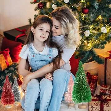 Jlong 8PCS Artificial Mini Christmas Trees, Bottle Brush Trees with Wood Base, Artificial Frosted Sisal Xmas Tree, DIY Crafts Mini Pine Tree for Christmas Party Home Table Top Decor Winter Ornaments