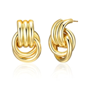 Chunky Gold Knot Earrings for Women, Gold Silver Statement Geometric Drop Dangle Long Link Earrings ...