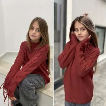 Curipeer Girls Sweaters Crewneck Long Sleeve Lace Up Pullover Knit Tops 8-9 Years