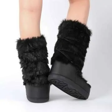 IXU Women's Faux Fur Boots Furry Snow Boots for Women Mid Calf Winter Boots Black White Brown Grey Fluffy Boots Fuzzy Custome Shoes