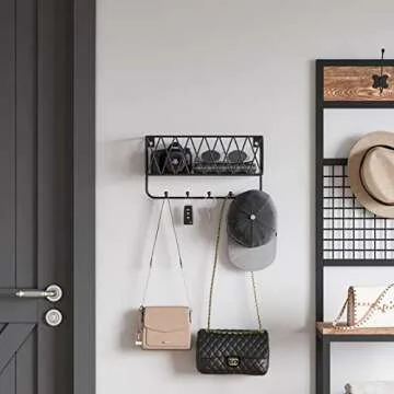 OROPY Entryway Mail Holder with Key Hooks, 11.0" L×2.6" W×5.1" H, Wall Mounted Matte Black Metal W...