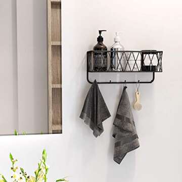 OROPY Entryway Mail Holder with Key Hooks, 11.0" L×2.6" W×5.1" H, Wall Mounted Matte Black Metal Wire Mesh Storage Basket with 5 Hooks, Easy to Organize Letters, Magazines, Keys, Leashes for Entryway