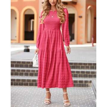 dowerme Women's Dresses 2025 Spring Puff Long Sleeve Crewneck Smocked Tiered Flowy A-Line Boho Weddi...
