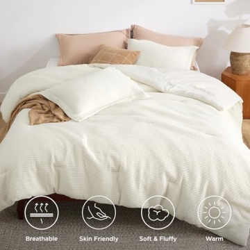 Bedsure Waffle Comforter Set Queen Soft Coconut White 3-Piece