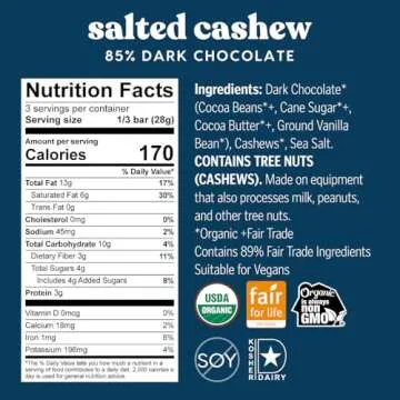 Theo Chocolate Salted Cashew Organic Dark Chocolate Bar, 85% Cacao, 12 Pack | Vegan, Fair Trade