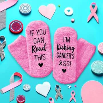 HAPPYPOP Women's Breast Cancer For Awarness Inspirational Gifts Chemo Awareness Socks, Kicking Cancer Light Pink, Medium