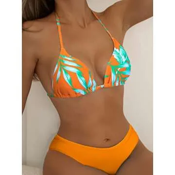 MakeMeChic Women's 3 Piece Swimsuit Halter Triangle High Cut Bikini Set Sheer Mesh Cover Up Romper Orange Multi XL
