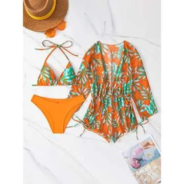 MakeMeChic Women's 3 Piece Swimsuit Halter Triangle High Cut Bikini Set Sheer Mesh Cover Up Romper Orange Multi XL