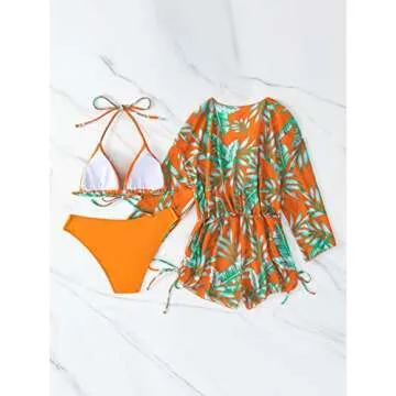 MakeMeChic Women's 3 Piece Swimsuit Halter Triangle High Cut Bikini Set Sheer Mesh Cover Up Romper Orange Multi XL