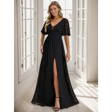 Ever-Pretty Women's High Slit Long Ruched Chiffon Open Back Prom Dress Long Ball Gowns Black US14