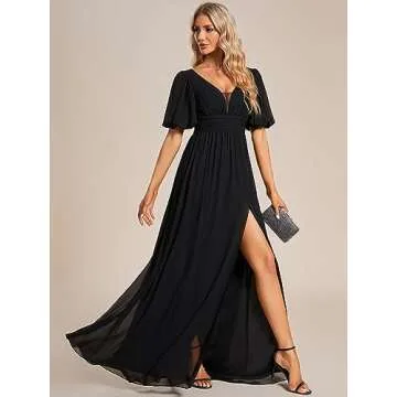 Ever-Pretty Women's High Slit Long Ruched Chiffon Open Back Prom Dress Long Ball Gowns Black US14