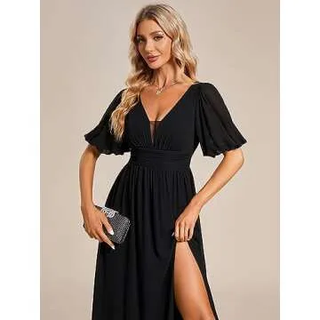 Ever-Pretty Women's High Slit Long Ruched Chiffon Open Back Prom Dress Long Ball Gowns Black US14
