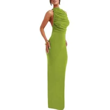 SHESEEWORLD Summer Women's Mock Neck Sleeveless Slim Fitted Maxi Dress Elegant Ruched Bodycon Party Outfit Green