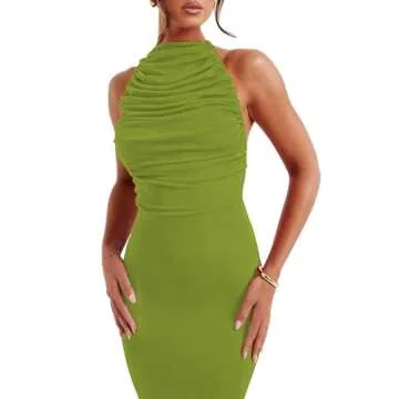 SHESEEWORLD Summer Women's Mock Neck Sleeveless Slim Fitted Maxi Dress Elegant Ruched Bodycon Party Outfit Green