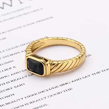 pickyegg.com Women's Fashion Jewelry 18K Gold Plated Stainless Steel Black Onyx Twill Ring Size 6-10 (7)