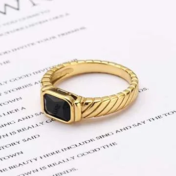 Pickyegg Women's 18K Gold Plated Black Onyx Twill Ring