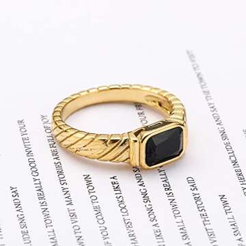 pickyegg.com Women's Fashion Jewelry 18K Gold Plated Stainless Steel Black Onyx Twill Ring Size 6-10 (7)