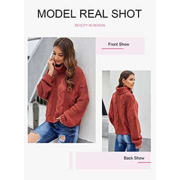 Dokotoo Women Winter Casual Turtleneck High Neck Winter Long Sleeve Cable Knit Sweaters Pullover Outerwear Red M