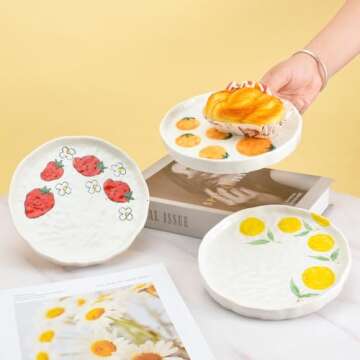 Koythin Ceramic Dinner Plate, Cute Strawberry Creative Plates Design, Printed Flowers Dinnerware for Office and Home, Kitchen Plates for Dessert (Strawberry)