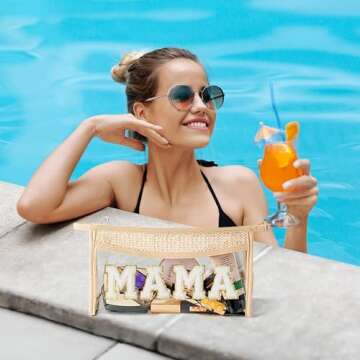 Belanttega Mother's Day Cosmetic Bag - Valentine's Day Boho Patch MAMA Chenille Varsity Letter Toiletry Bag Clear Waterproof Travel Makeup Bag Zipper Clutch Daily Use Purse for Mom Women Girls Wife