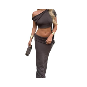 THLAI 2 Piece Women's Solid Color Suit Knit Strapless Slash Short Top and Low Waisted Skirt Sexy Clu...