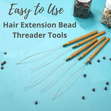 5 Wooden Hair Extensions Loop Needle Threader Wire Pulling Hook Tool for silicone microlink beads an...