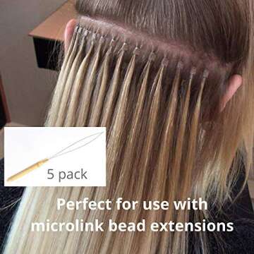 5 Wooden Hair Extensions Loop Needle Threader Wire Pulling Hook Tool for silicone microlink beads and feathers, Set of 5 for hair or feather extensions (5 Loop Tools)
