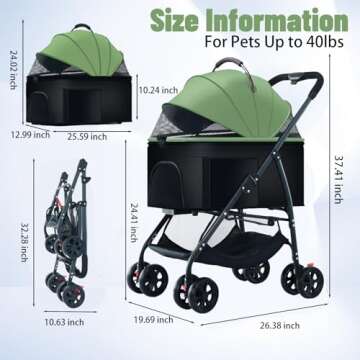 ZHUOKECE 3-in-1 Pet Dog Stroller, Folding Lightweight Dog Stroller Cat Travel Stroller Up to 55lbs, Dog Wagon Travel Carrier Pet Jogger Wagon with Basket for Medium Small Dogs (Green)