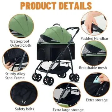ZHUOKECE 3-in-1 Pet Dog Stroller, Folding Lightweight Dog Stroller Cat Travel Stroller Up to 55lbs, Dog Wagon Travel Carrier Pet Jogger Wagon with Basket for Medium Small Dogs (Green)