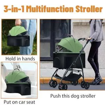 ZHUOKECE 3-in-1 Pet Dog Stroller, Folding Lightweight Dog Stroller Cat Travel Stroller Up to 55lbs, Dog Wagon Travel Carrier Pet Jogger Wagon with Basket for Medium Small Dogs (Green)