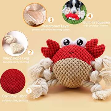napojoy Dog Toys, Stuffed Dog Toys for Small Medium Large Dogs, Squeaky Dog Chew Toy with Crinkle Paper, Outdoor Puppy Toys Interactive Tough Plush Rope Toys Crab Shape