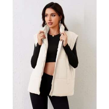 APAFES Women Winter Oversized Puffer Vest Quilted Lightweight Stand Collar Flysleeve Insulated Padded Puffy Jackets Coat with Pockets(871-Apricot-M)