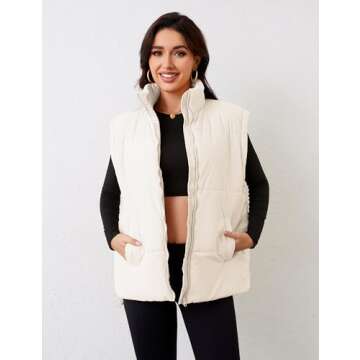 APAFES Women Winter Oversized Puffer Vest Quilted Lightweight Stand Collar Flysleeve Insulated Padded Puffy Jackets Coat with Pockets(871-Apricot-M)