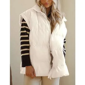 APAFES Women Winter Oversized Puffer Vest Quilted Lightweight Stand Collar Flysleeve Insulated Padded Puffy Jackets Coat with Pockets(871-Apricot-M)