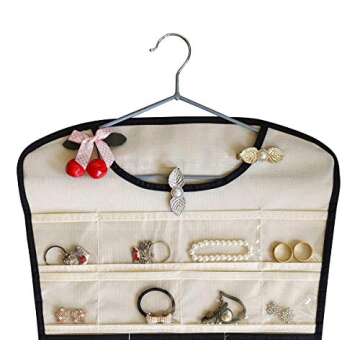 JSXD Hanging Jewelry Organizer,Dress-like Double Side 84 Clear Pockets and 6 Hook Loops Storage for Holding Jewelries (Beige)