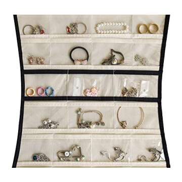 JSXD Hanging Jewelry Organizer,Dress-like Double Side 84 Clear Pockets and 6 Hook Loops Storage for Holding Jewelries (Beige)