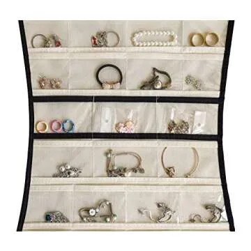JSXD Hanging Jewelry Organizer,Dress-like Double Side 84 Clear Pockets and 6 Hook Loops Storage for Holding Jewelries (Beige)