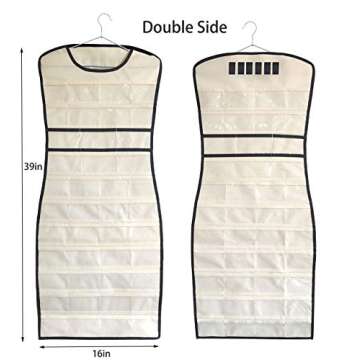 JSXD Hanging Jewelry Organizer,Dress-like Double Side 84 Clear Pockets and 6 Hook Loops Storage for Holding Jewelries (Beige)