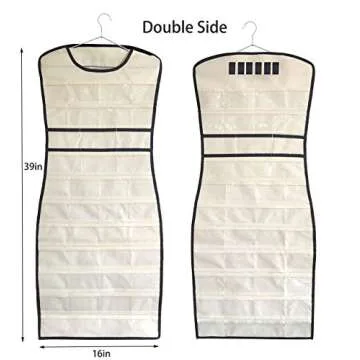 JSXD Hanging Jewelry Organizer,Dress-like Double Side 84 Clear Pockets and 6 Hook Loops Storage for Holding Jewelries (Beige)