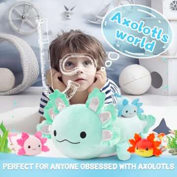 BENINY 4Pcs Axolotl Plush, Giant Mint Axolotl Stuffed Animal Mommy 24 inch with 3 Baby Axolotl Plush...
