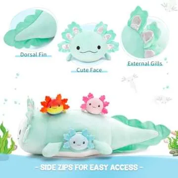 BENINY 4Pcs Axolotl Plush, Giant Mint Axolotl Stuffed Animal Mommy 24 inch with 3 Baby Axolotl Plushies in Tummy, Axolotl Plushie Pillow Gifts for Kids Girls Boys