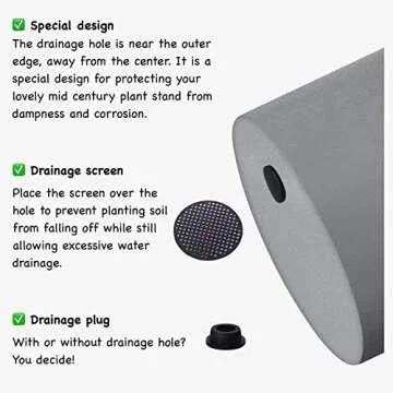 FaithLand Plant Pot 12 inch - Perfectly Fits Mid-Century Modern Plant Stand - Drainage Plug - Gray P...