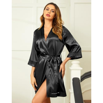 Ekouaer Lace-Trim Satin Bathrobe for Brides & Gift